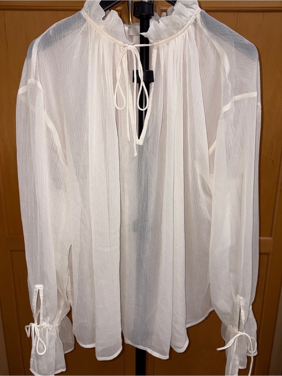 LOFT Tops - Loft Sheer White Cream Chiffon Ruffle Tie Neck Bell Sleeve Blouse Size XXL